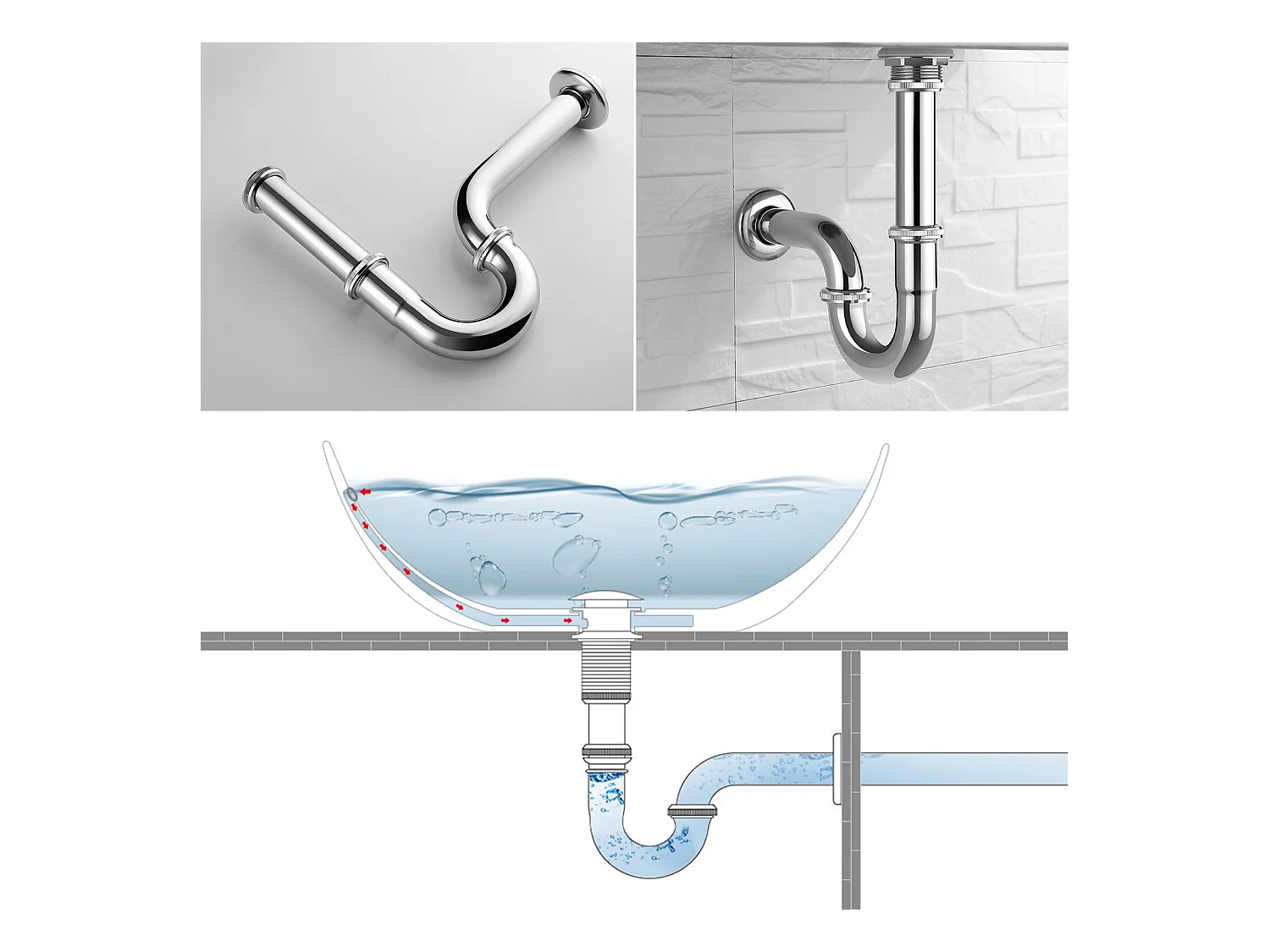 Elektronische Wastafelmengkraan Infrarood Koud/Warm Water Messing+Sifon Wastafel U-vormige Sifonbuis Roestvrij Staal Anti-geur, Ø32 mm, Verchroomd