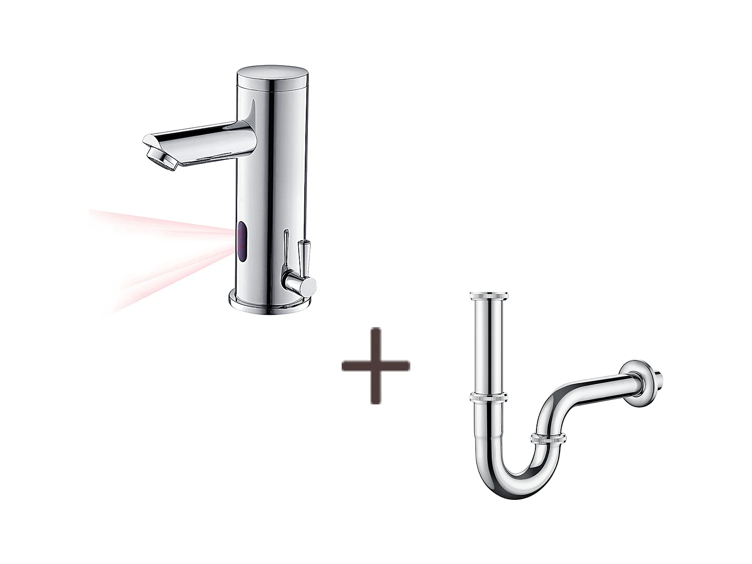 Mitigeur Lavabo Infrarouge Electronique Eau Froide/Chaude en Laiton+Siphon Lavabo Forme U Tube de Siphon en Inox Anti-odeurs,Ø32 mm,Chromé