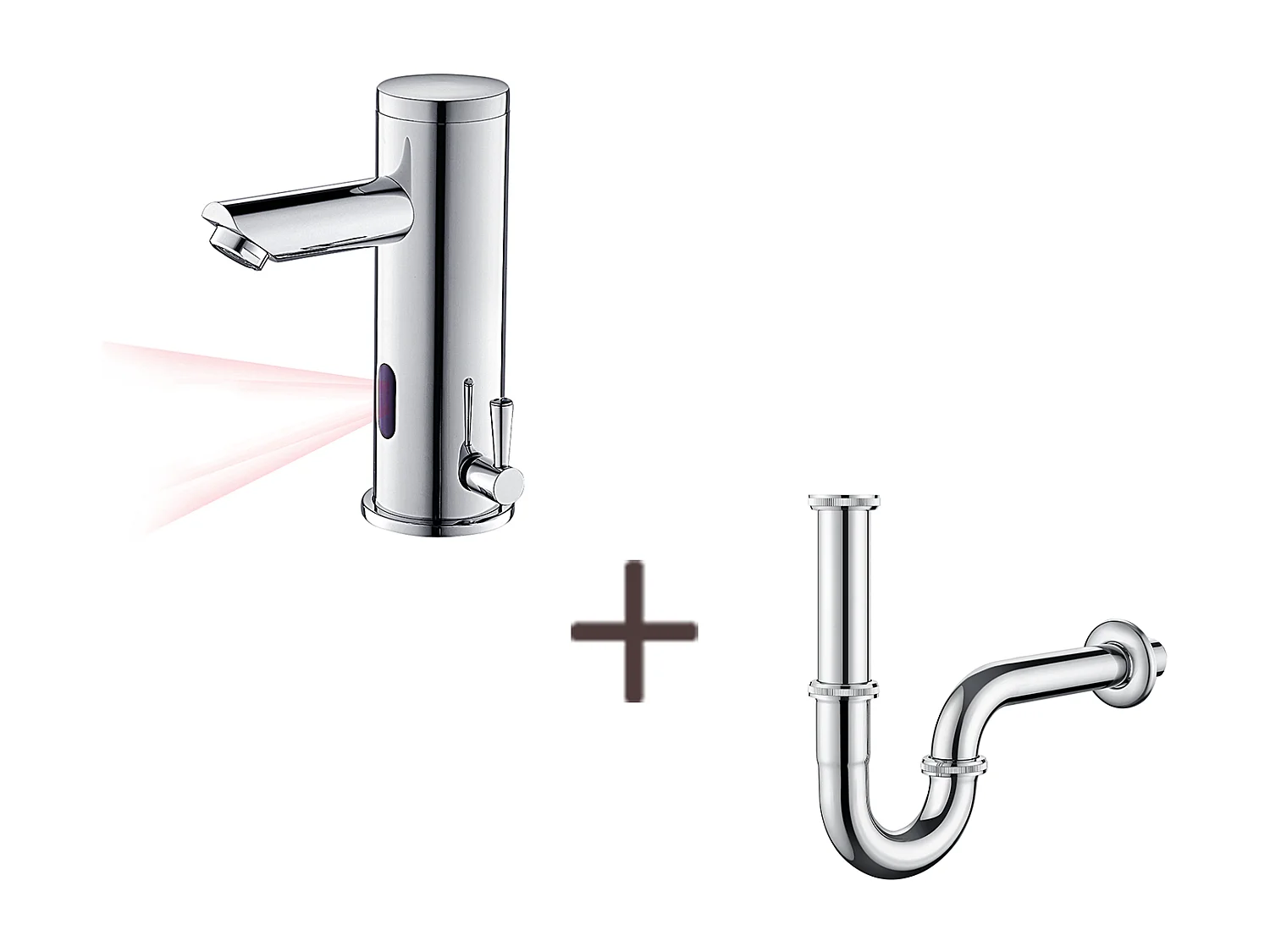 Elektronische Wastafelmengkraan Infrarood Koud/Warm Water Messing+Sifon Wastafel U-vormige Sifonbuis Roestvrij Staal Anti-geur, Ø32 mm, Verchroomd