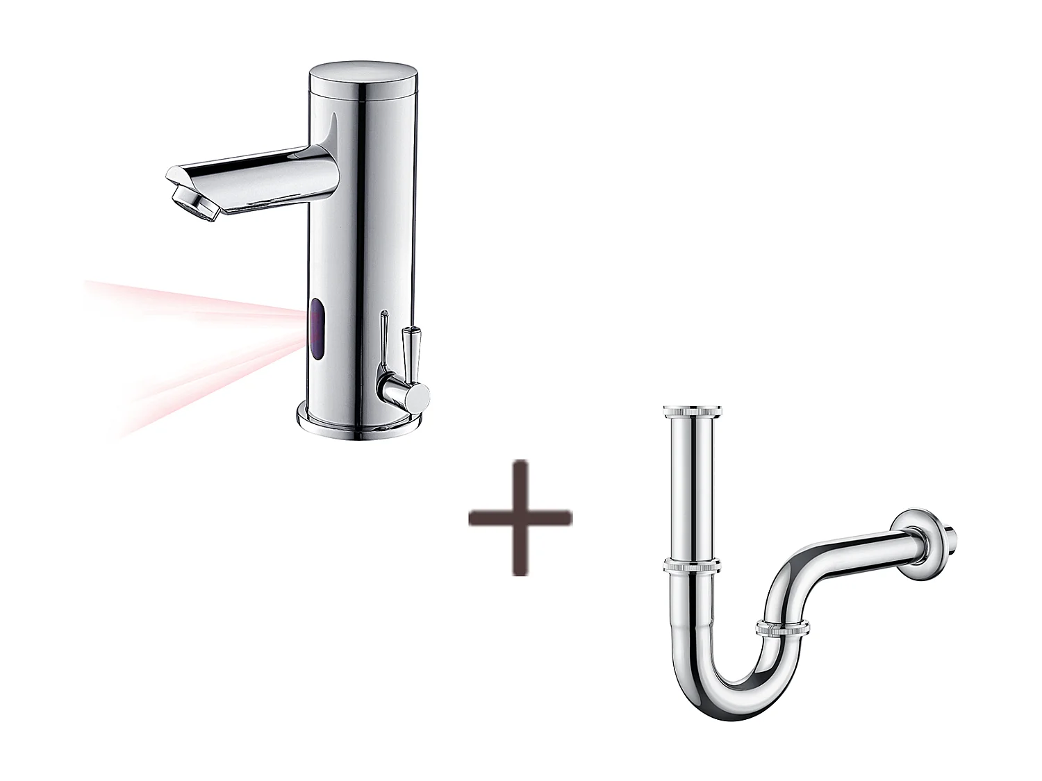 Mitigeur Lavabo Infrarouge Electronique Eau Froide/Chaude en Laiton+Siphon Lavabo Forme U Tube de Siphon en Inox Anti-odeurs,Ø32 mm,Chromé