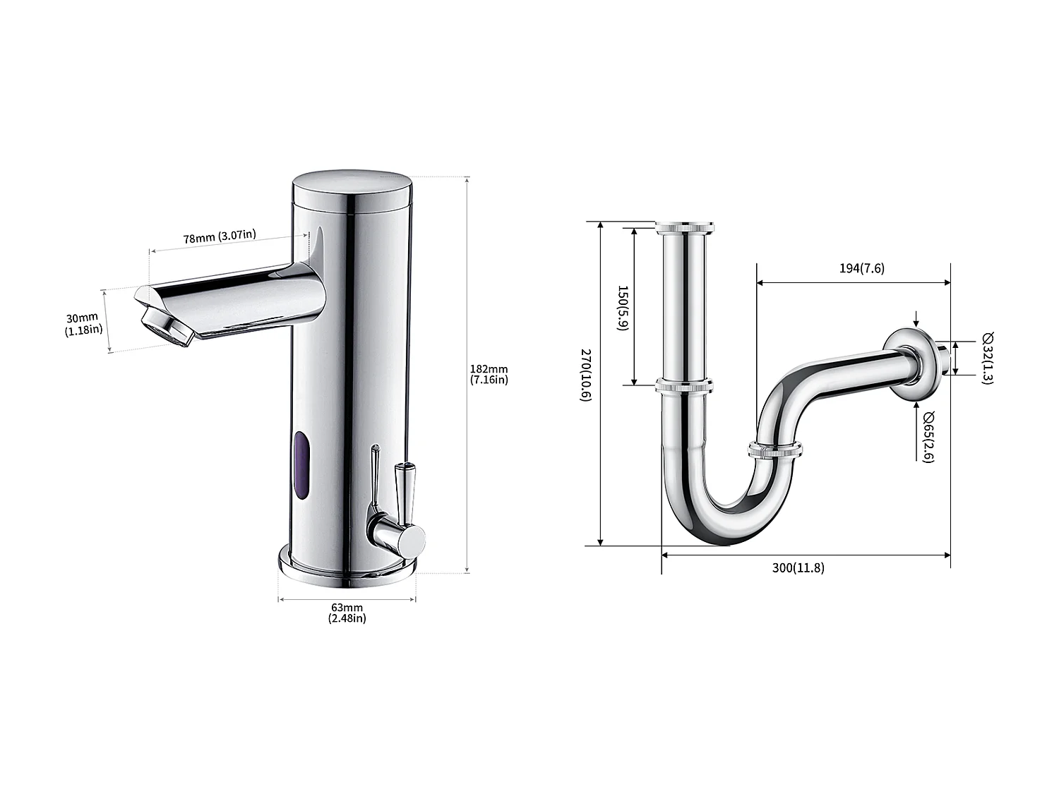 Mitigeur Lavabo Infrarouge Electronique Eau Froide/Chaude en Laiton+Siphon Lavabo Forme U Tube de Siphon en Inox Anti-odeurs,Ø32 mm,Chromé