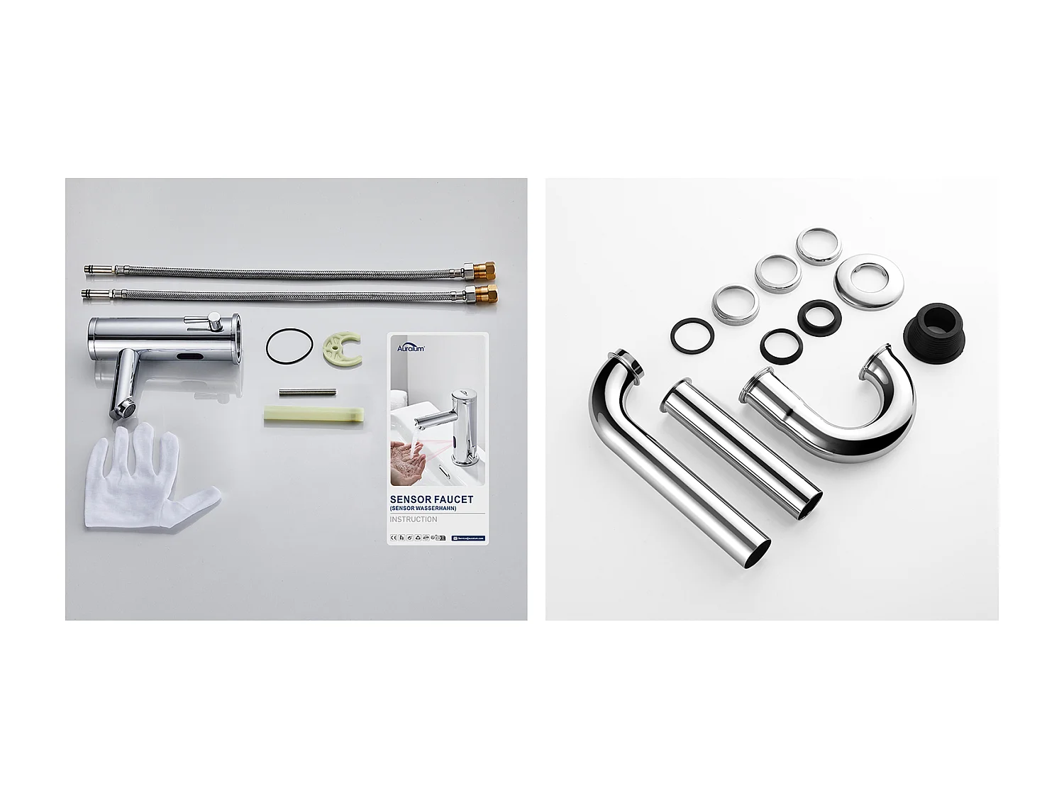 Mitigeur Lavabo Infrarouge Electronique Eau Froide/Chaude en Laiton+Siphon Lavabo Forme U Tube de Siphon en Inox Anti-odeurs,Ø32 mm,Chromé