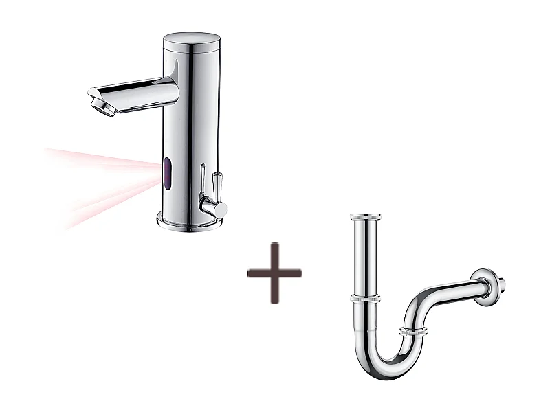 Elektronische Wastafelmengkraan Infrarood Koud/Warm Water Messing+Sifon Wastafel U-vormige Sifonbuis Roestvrij Staal Anti-geur, Ø32 mm, Verchroomd