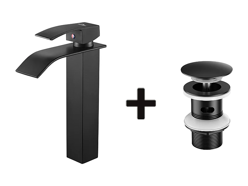 Waskraan mengkraanO Waterval Zwart Moderne Mengkraan Badkamer + Wastafelkraan Pop-upkraan met Overloop Automatisch Universeel
