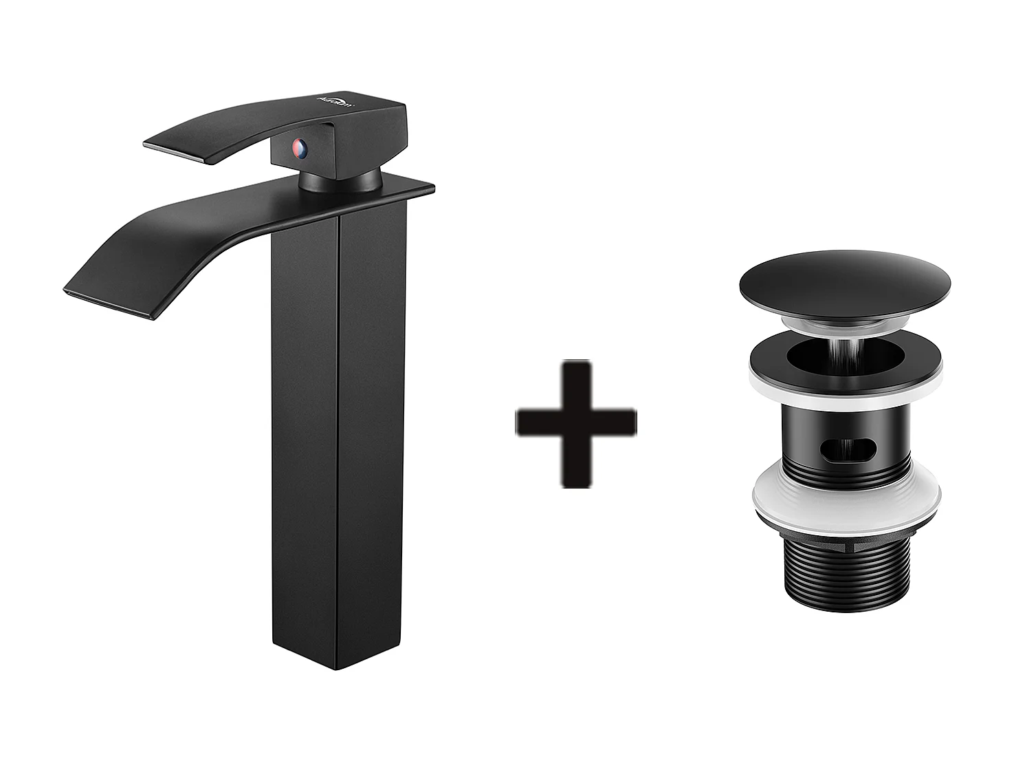 Moderner schwarzer Wasserfall-Waschtischhahn, Mischbatterie, Badarmatur + Waschbeckenabfluss, Pop-up-Ablauf mit automatischem Überlauf, universell
