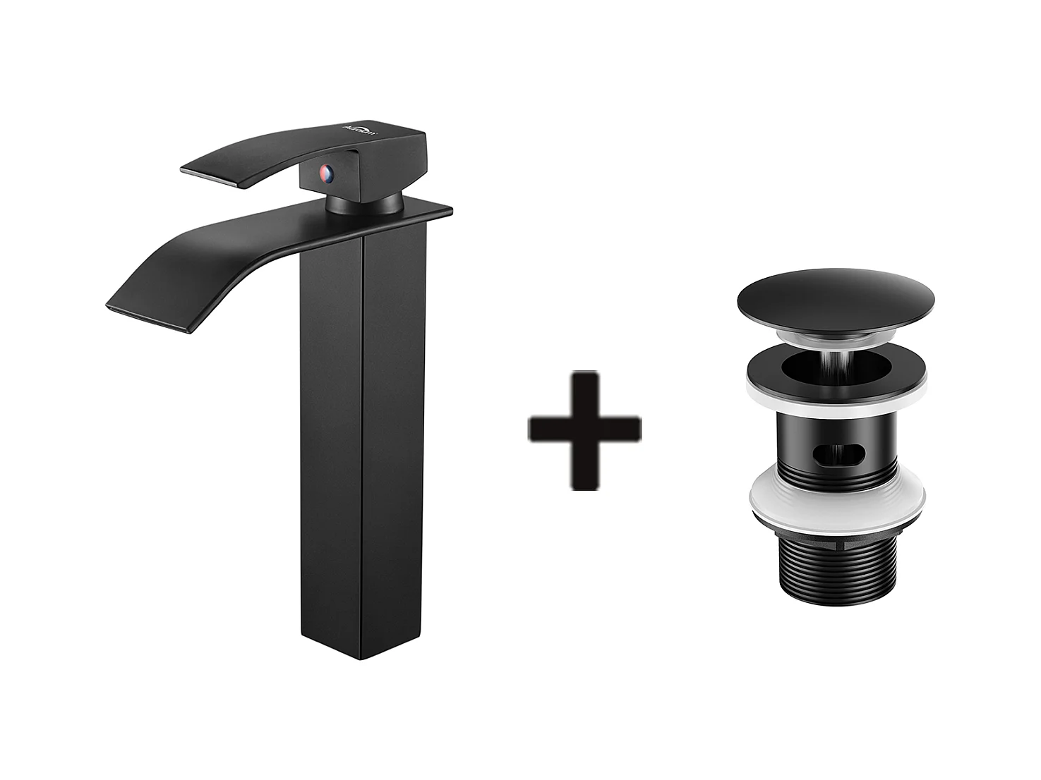 Mitigeur Robinet de Lavabo Cascade Noir Moderne Mitigeur Robinet Salle Bain+Bonde Lavabo Bonde Pop-up avec Trop-plein Automatique Universelle