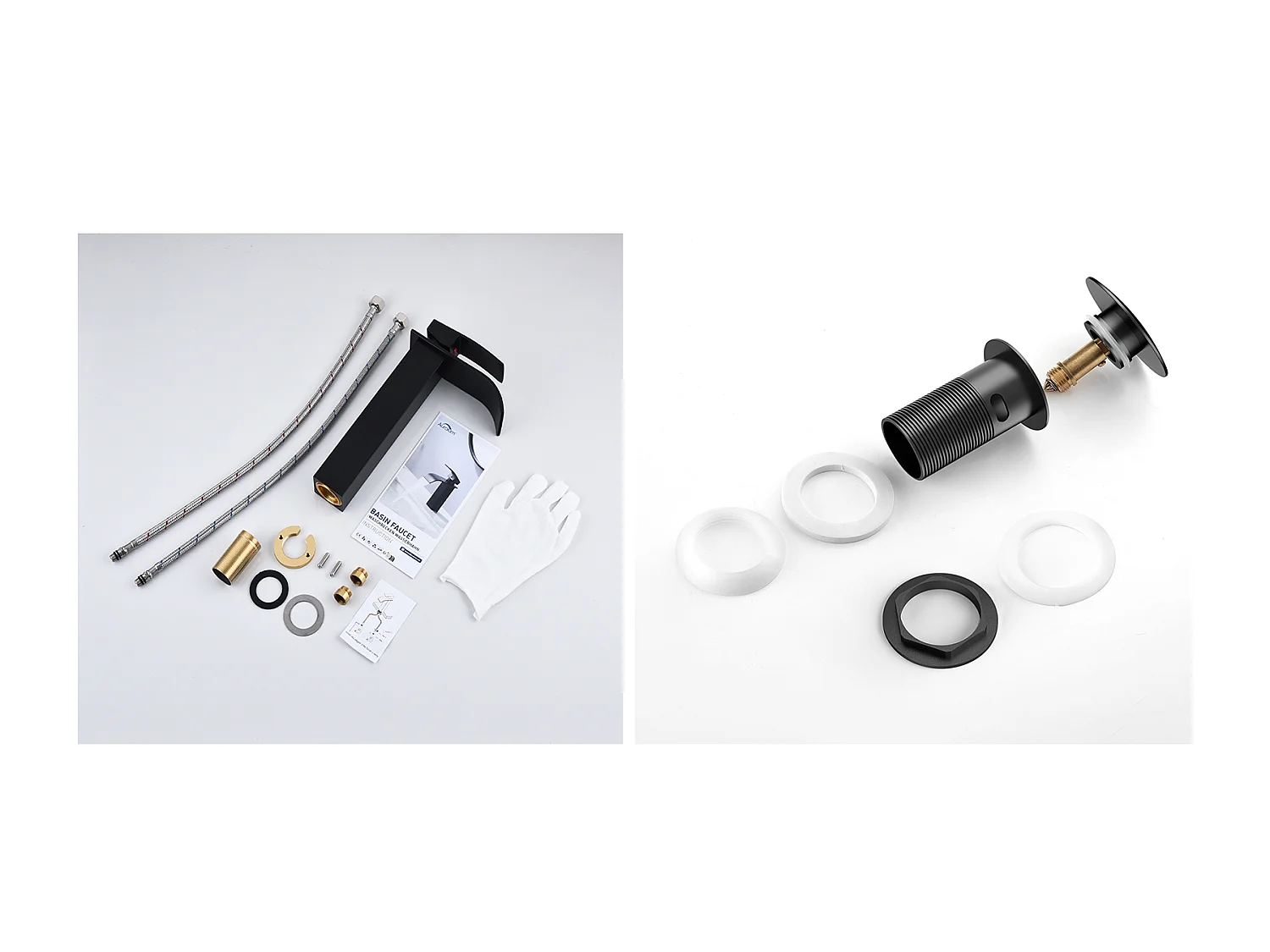 Mitigeur Robinet de Lavabo Cascade Noir Moderne Mitigeur Robinet Salle Bain+Bonde Lavabo Bonde Pop-up avec Trop-plein Automatique Universelle