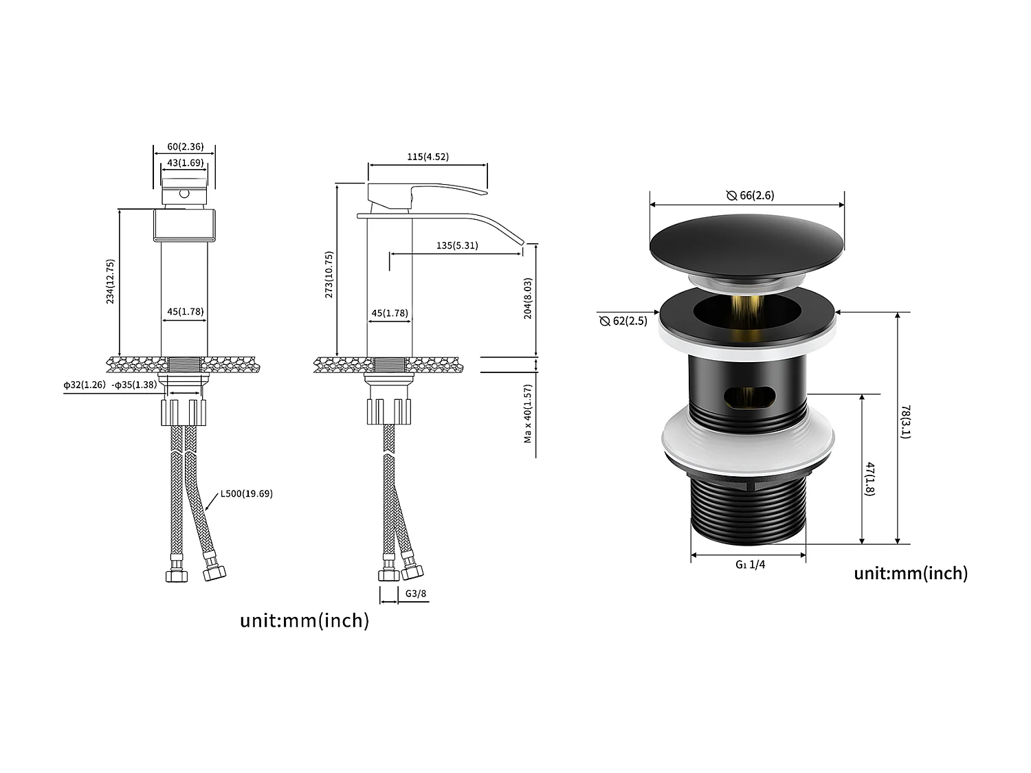 Mitigeur Robinet de Lavabo Cascade Noir Moderne Mitigeur Robinet Salle Bain+Bonde Lavabo Bonde Pop-up avec Trop-plein Automatique Universelle