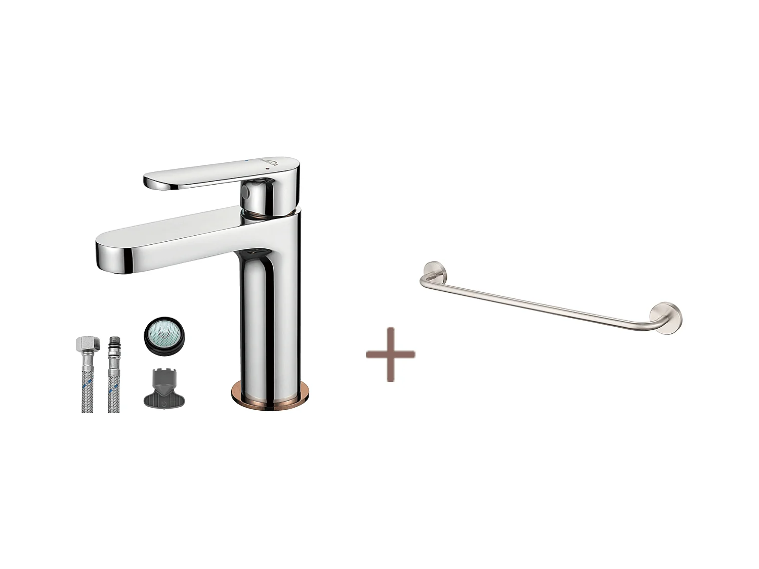 Robinet Salle Bain Moderne, AURALUM MAX Mitigeur Lavabo,Finition or Rose,Chromé+60cm Porte-Serviettes Salle Bain Auto-adhésif ou Perçage en Inox 304