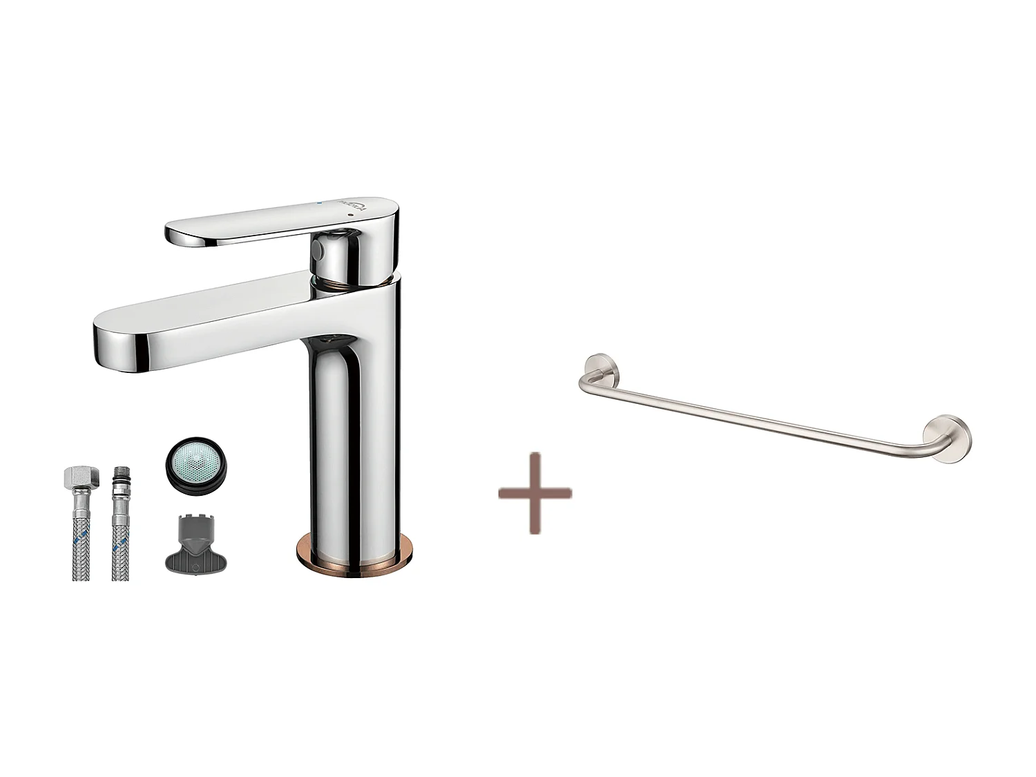 Robinet Salle Bain Moderne, AURALUM MAX Mitigeur Lavabo,Finition or Rose,Chromé+60cm Porte-Serviettes Salle Bain Auto-adhésif ou Perçage en Inox 304