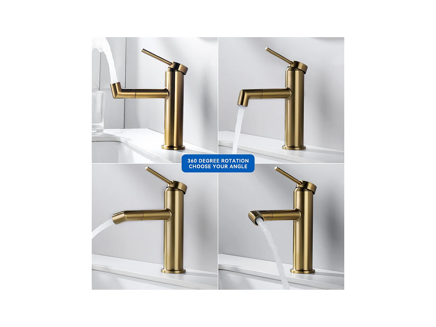 Miscelatore  lavabo dorato rotante a 360° Rubinetto per lavabo acqua calda/fredda Rubinetto per bagno con sghettore demotabile,in inossidabile