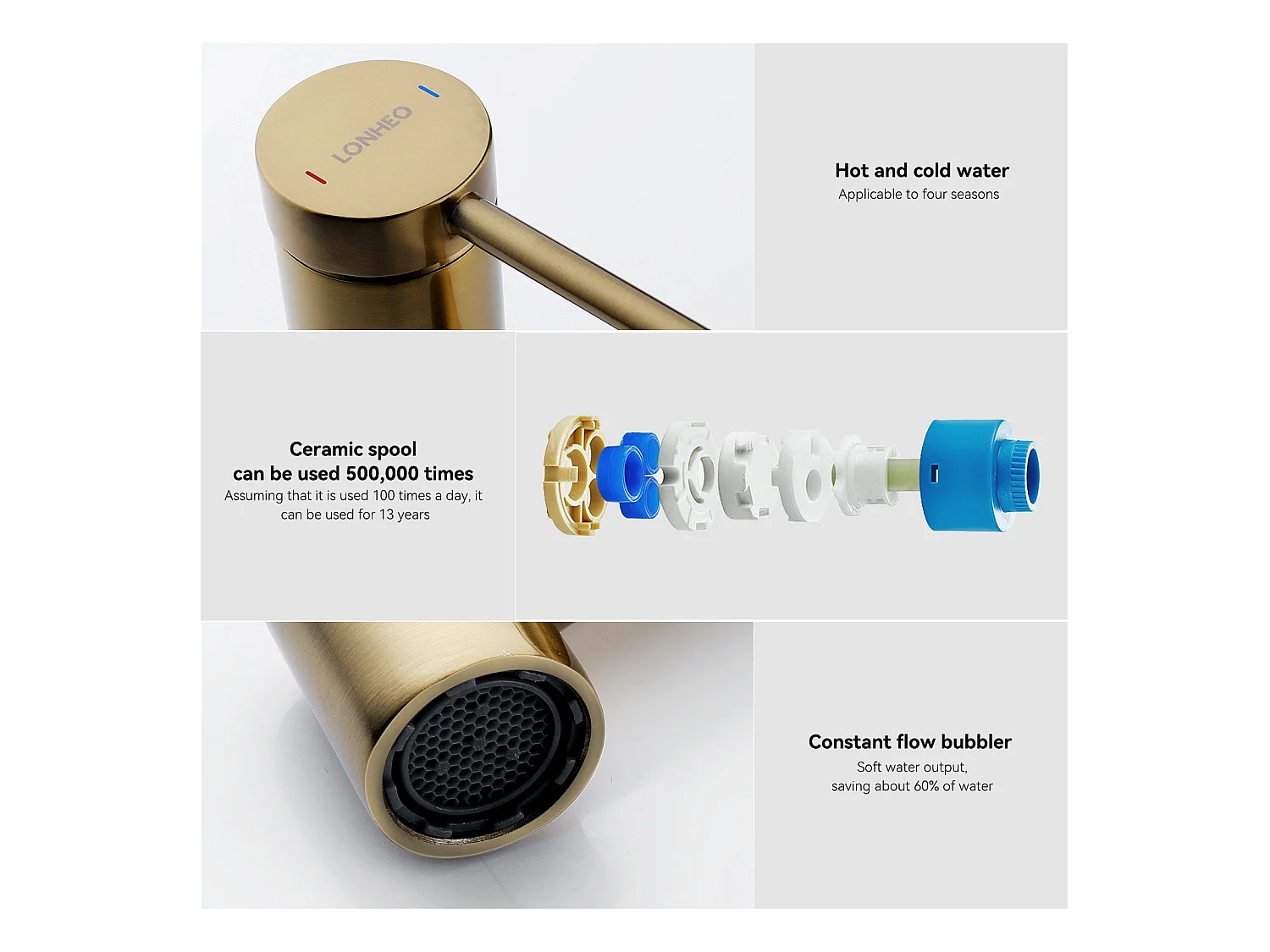 Miscelatore  lavabo dorato rotante a 360° Rubinetto per lavabo acqua calda/fredda Rubinetto per bagno con sghettore demotabile,in inossidabile