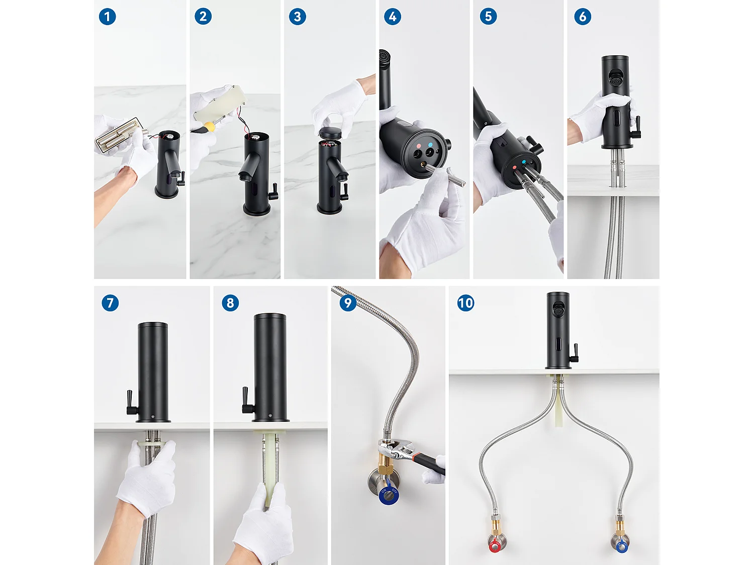 Schwarzer vollautomatischer Infrarot-Waschtischhahn + Waschbeckenablauf Pop-up-Ablauf mit Überlauf Automatisch Universal,Schwarz