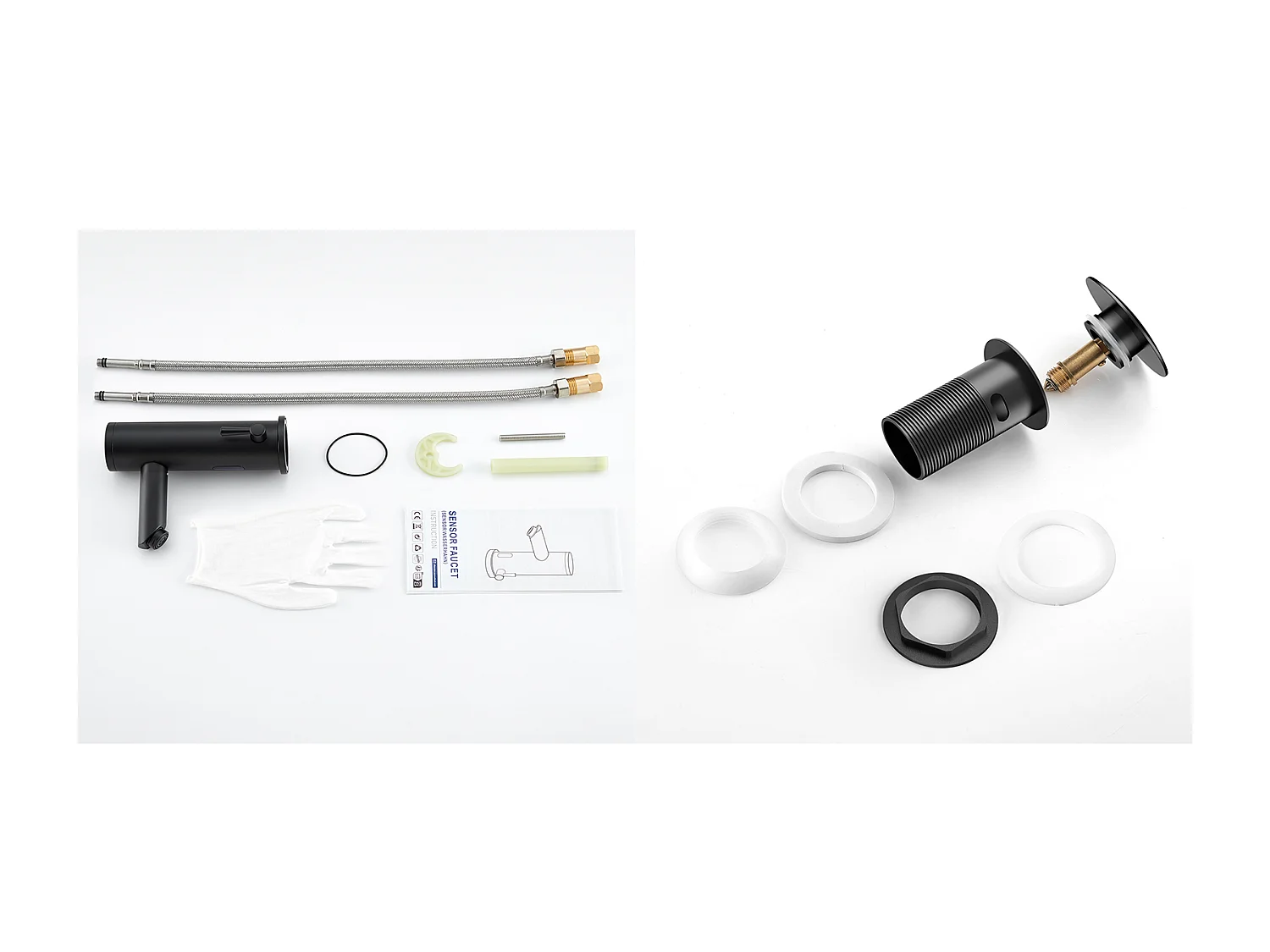 Schwarzer vollautomatischer Infrarot-Waschtischhahn + Waschbeckenablauf Pop-up-Ablauf mit Überlauf Automatisch Universal,Schwarz