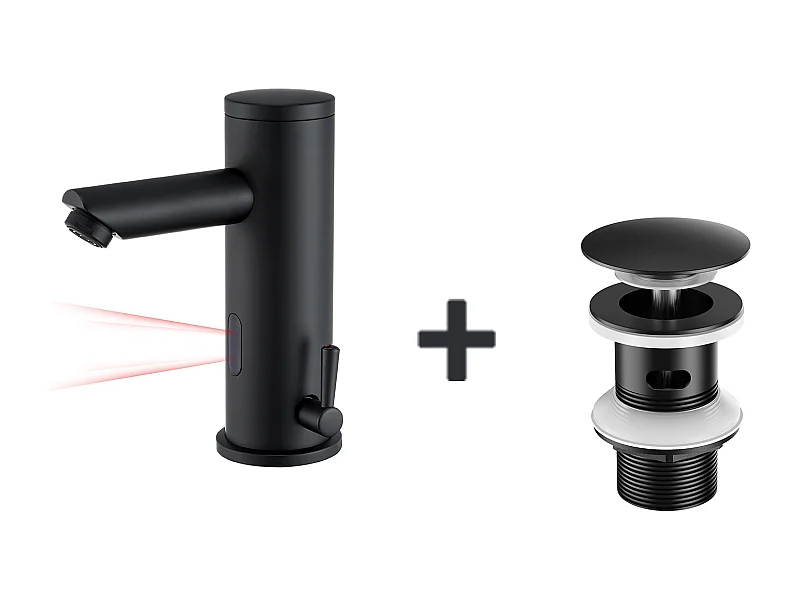 Infrarood Wastafelkraan Zwart Volautomatisch +Wastafelkraan Pop-up met Overloop Automatisch Universeel,Zwart