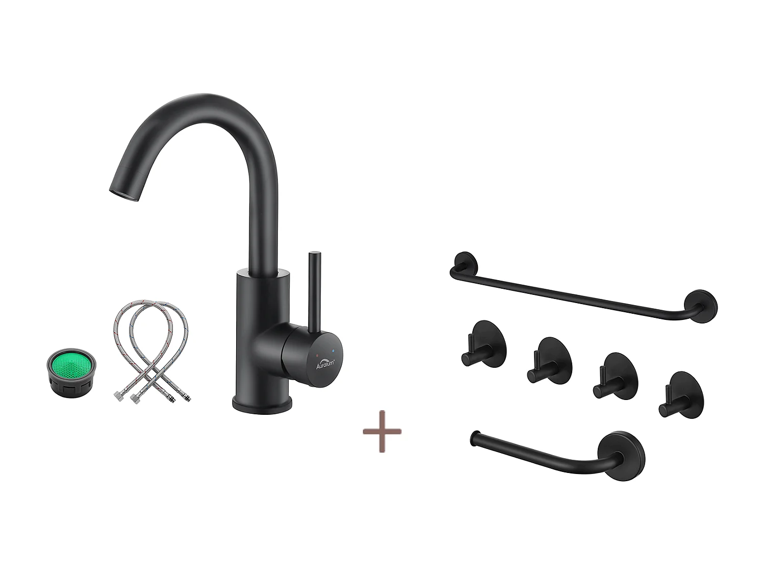 Mitigeur Lavabo,Robinet Salle Bain Noir Rotatif 360°,Aérateur Démotable+Ensemble Salle Bain Accessoire 6 Pièces,Auto-adhésif/percer,Inox,Noir