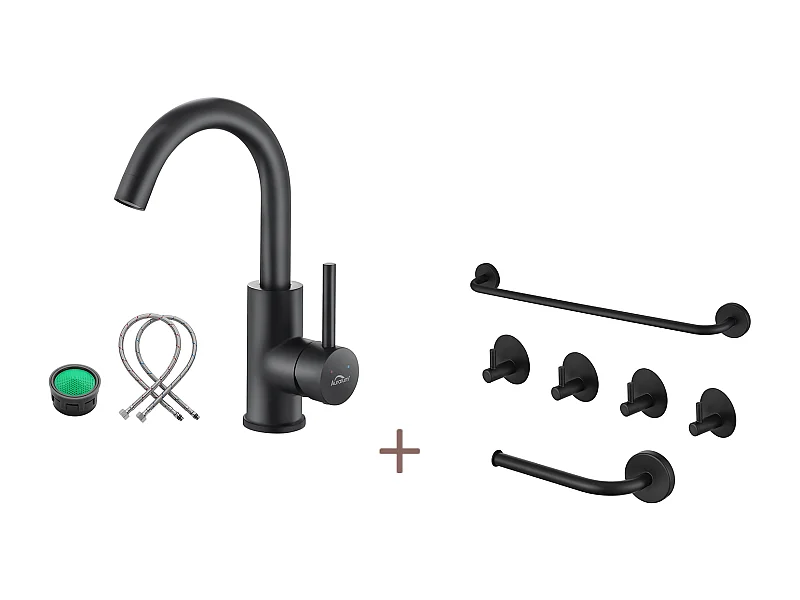 Mitigeur Lavabo,Robinet Salle Bain Noir Rotatif 360°,Aérateur Démotable+Ensemble Salle Bain Accessoire 6 Pièces,Auto-adhésif/percer,Inox,Noir