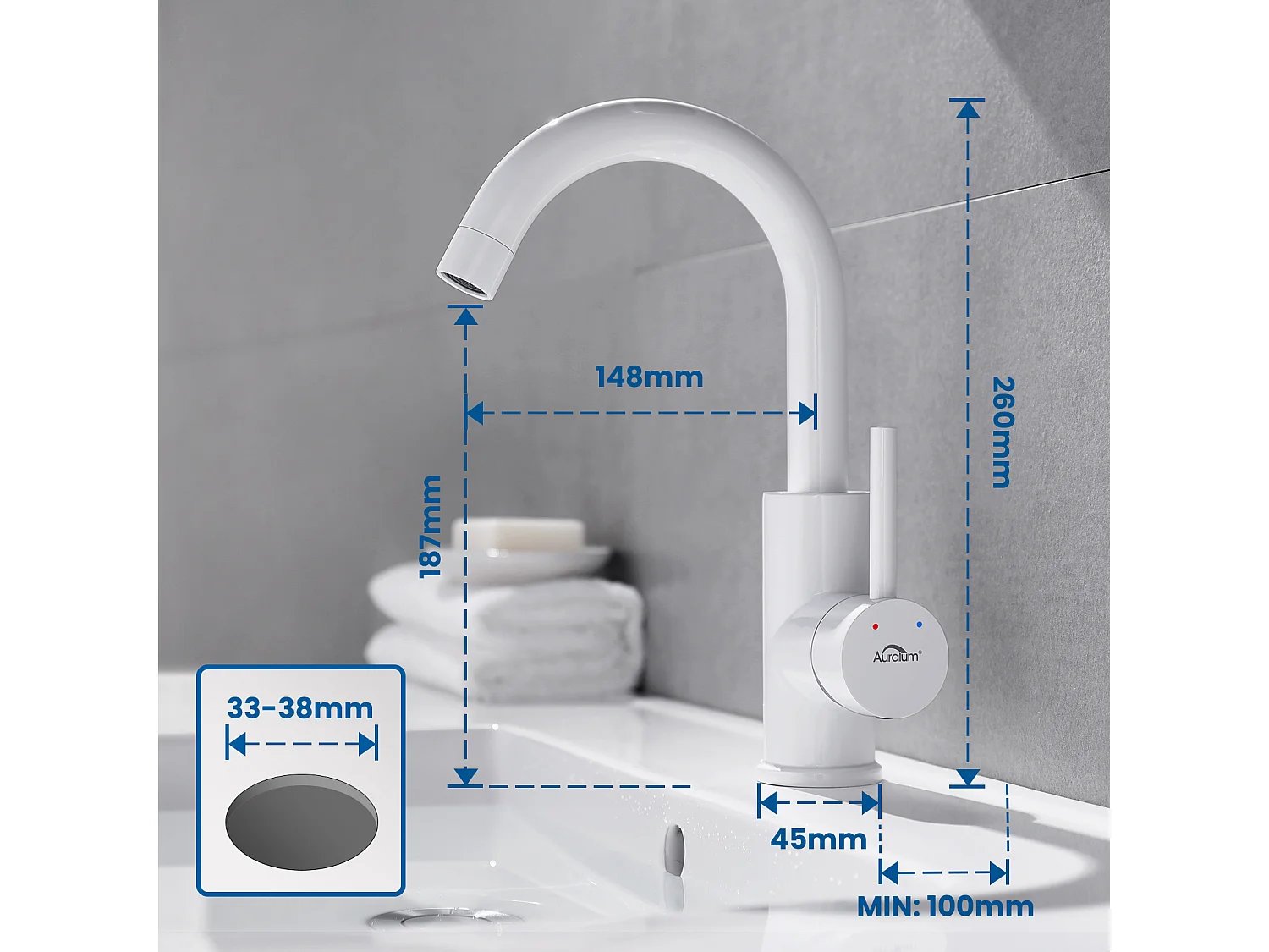 AuraLum Max Weißer Waschtischhahn, 360° drehbar, Badezimmer-Mischbatterie mit abnehmbarem Sprudeler, Kalt- und Warmwasser, EU-Modell