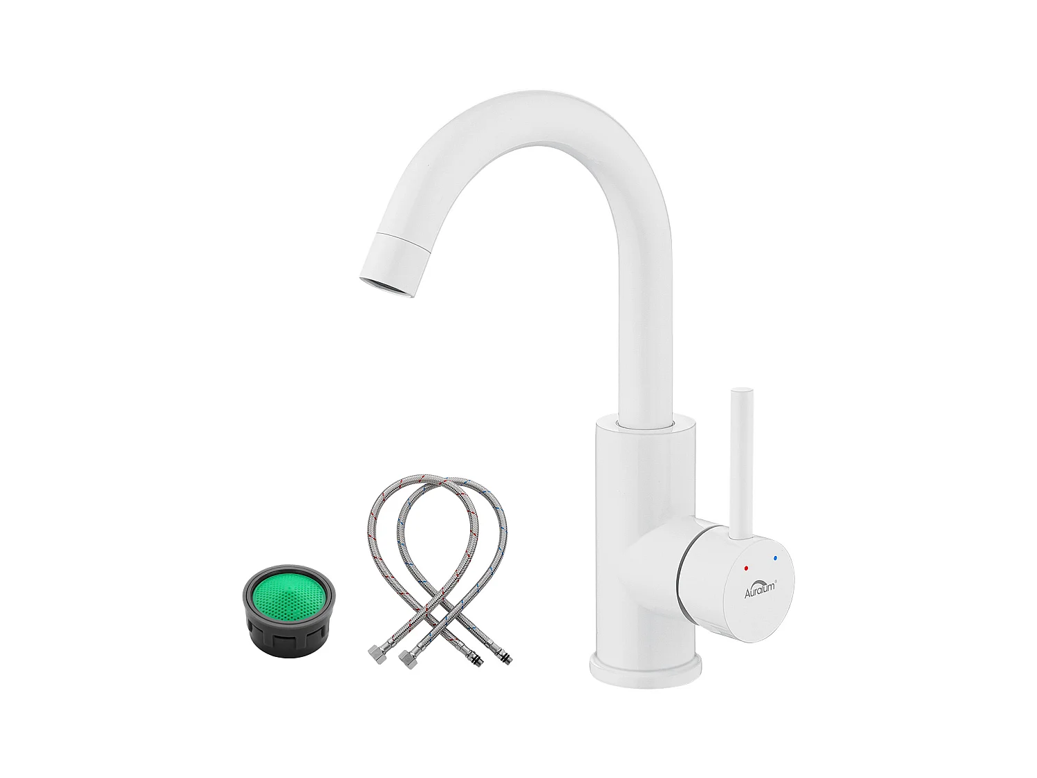 Rubinetto lavabo AuraLumMax bianco,rotazione 360°,gorgogliatore rimovibile,acqua calda/fredda+portascopino per WC in acciaio inossidabile,Modello UE