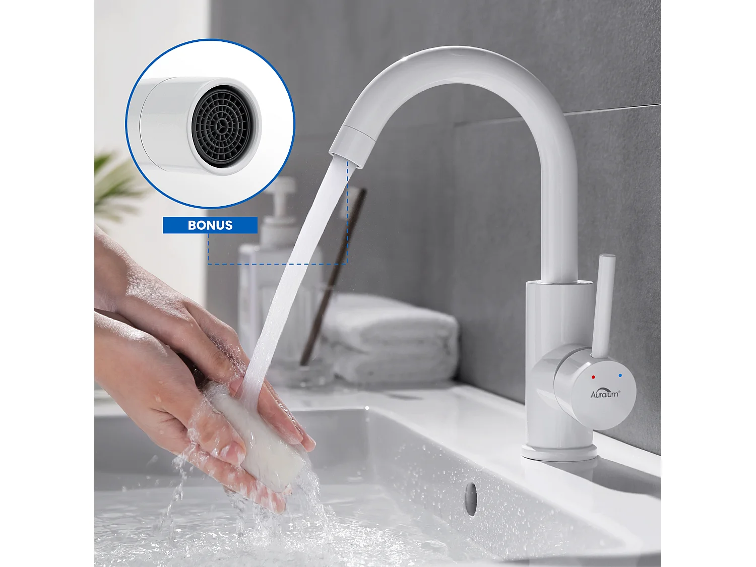 AuraLum Max Robinet de Lavabo Blanc Rotation à 360°Mitigeur Salle de Bain avec Barboteur démontable, Eau froide et chaude,EU Modèle