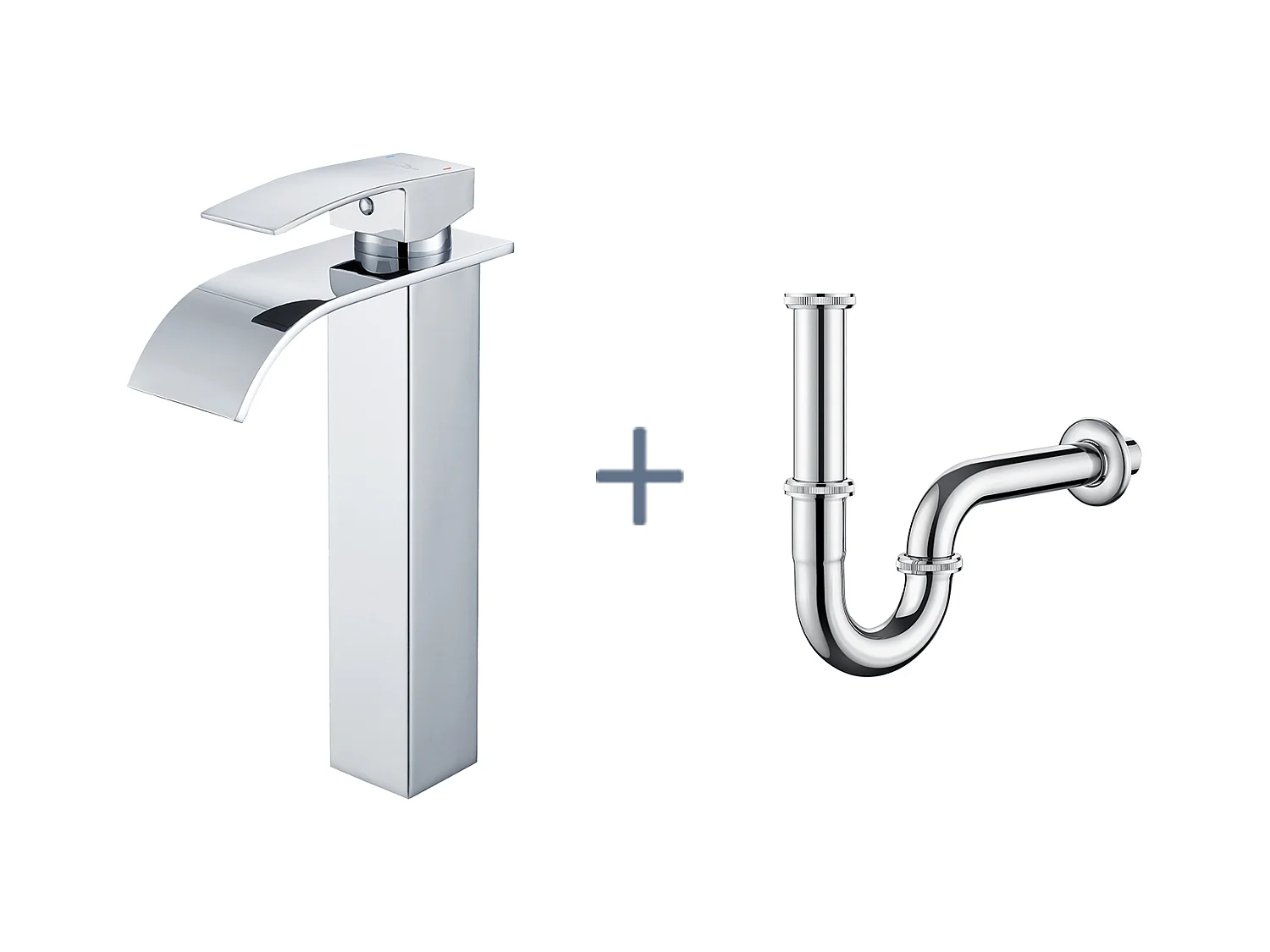Robinet Cascade pour Vasque à Poser,Mitigeur Haut pour Lavabo,en Inox,Chromé+Siphon Lavabo Forme U Tube Siphon Anti-odeurs Siphon Ø32 mm,Chromé