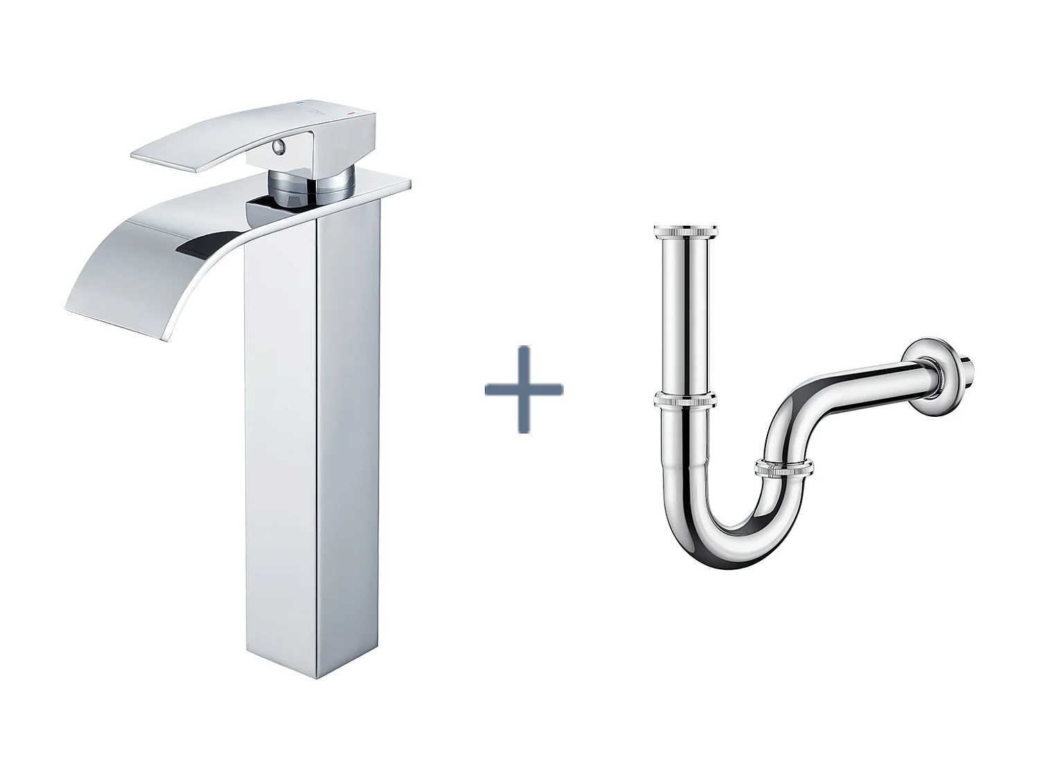 Robinet Cascade pour Vasque à Poser,Mitigeur Haut pour Lavabo,en Inox,Chromé+Siphon Lavabo Forme U Tube Siphon Anti-odeurs Siphon Ø32 mm,Chromé