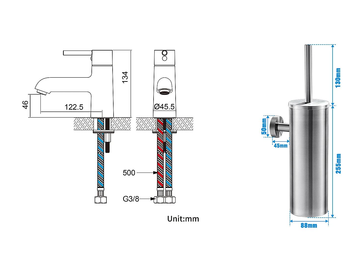 Chrom-Waschtischarmatur, Badezimmer-Waschbecken-Mischbatterie für kaltes/warmes Wasser + Toilettenbürstenhalter aus Edelstahl, an der Wand montierte Toilettenbürste