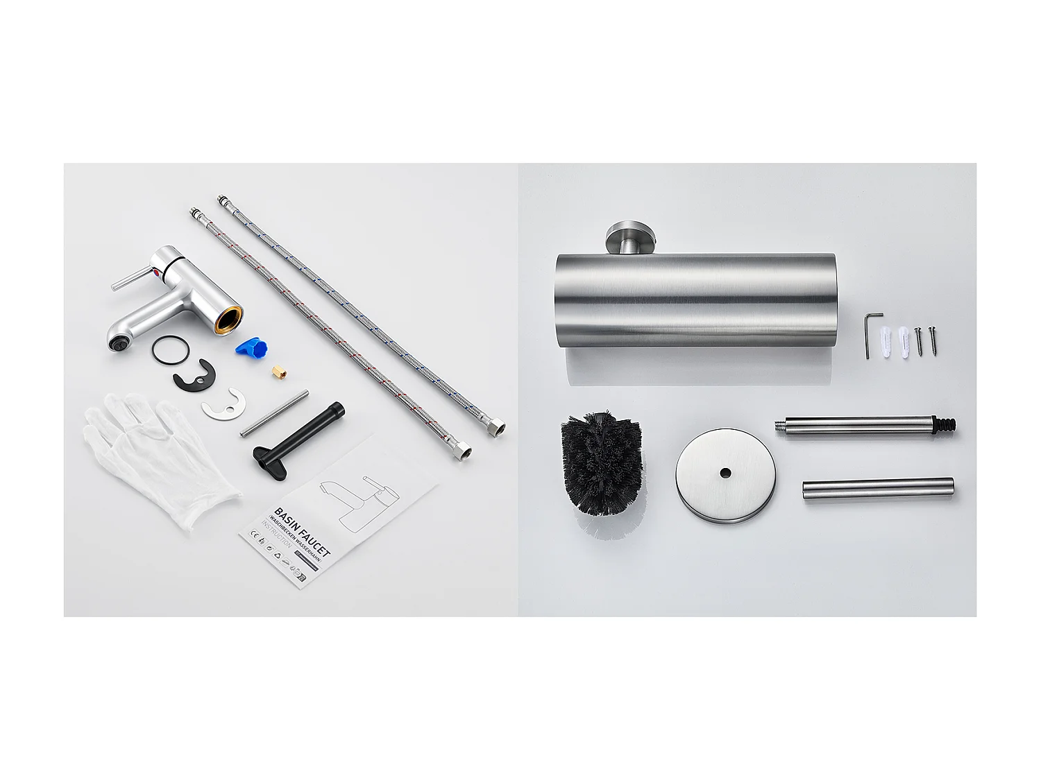 Chrom-Waschtischarmatur, Badezimmer-Waschbecken-Mischbatterie für kaltes/warmes Wasser + Toilettenbürstenhalter aus Edelstahl, an der Wand montierte Toilettenbürste