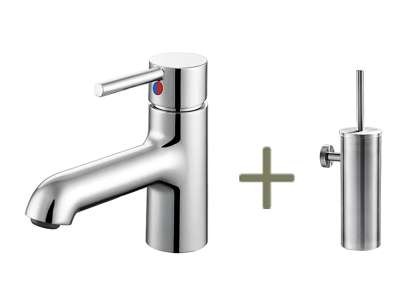 Robinet de lavabo Chromé,Mitigeur Lavabo Mélangeur  Salle Bain Eau Froide/Chaude+Porte Brosse Toilette Acier Inoxydable Brosse WC Mural