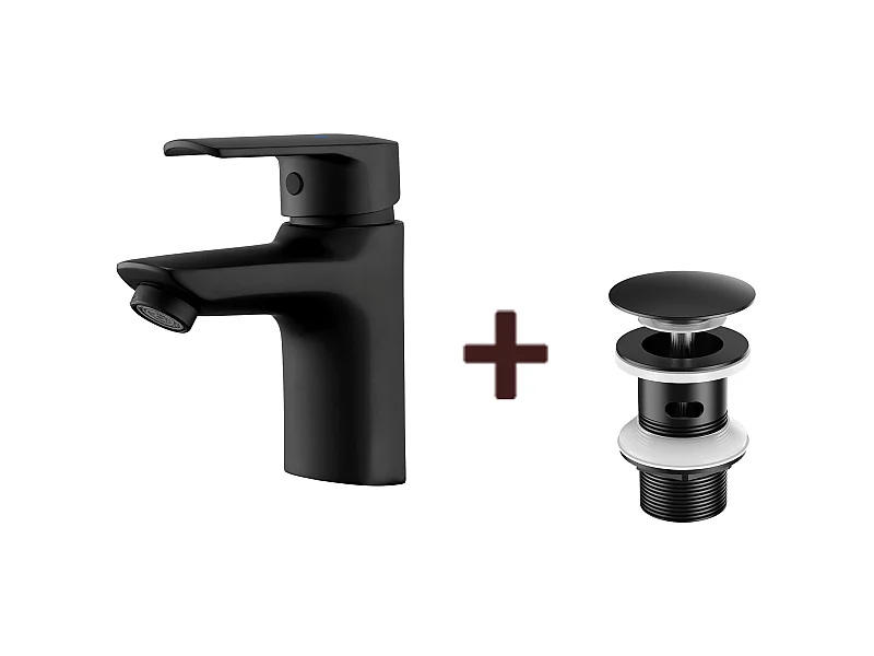 Mitigeur Lavabo Monotrou avec Trou de Tirette de Vidage,Noir+Bonde de Lavabo Bonde Pop-up avec Trop-plein Automatique Universelle