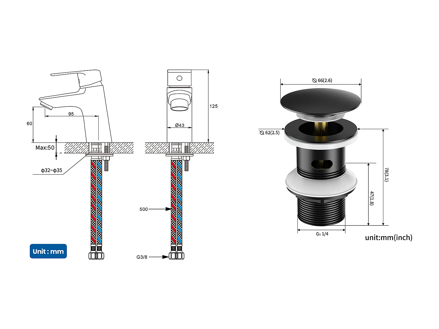 Mitigeur Lavabo Monotrou avec Trou de Tirette de Vidage,Noir+Bonde de Lavabo Bonde Pop-up avec Trop-plein Automatique Universelle