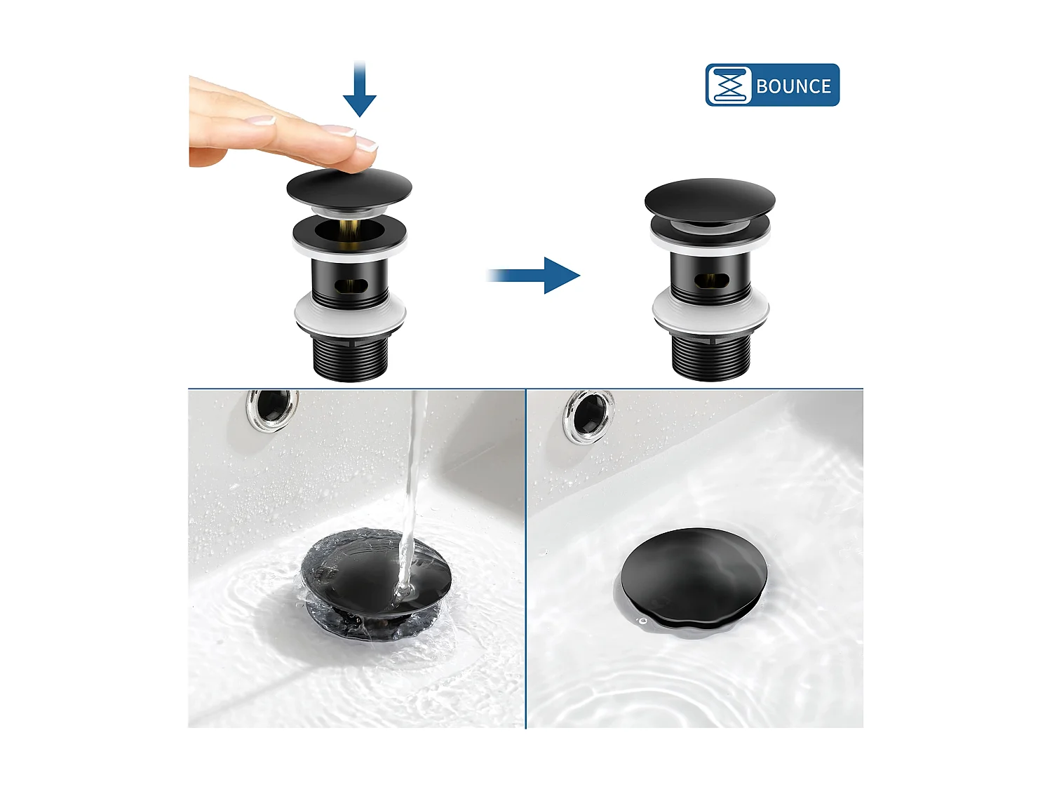 Mitigeur Lavabo Monotrou avec Trou de Tirette de Vidage,Noir+Bonde de Lavabo Bonde Pop-up avec Trop-plein Automatique Universelle