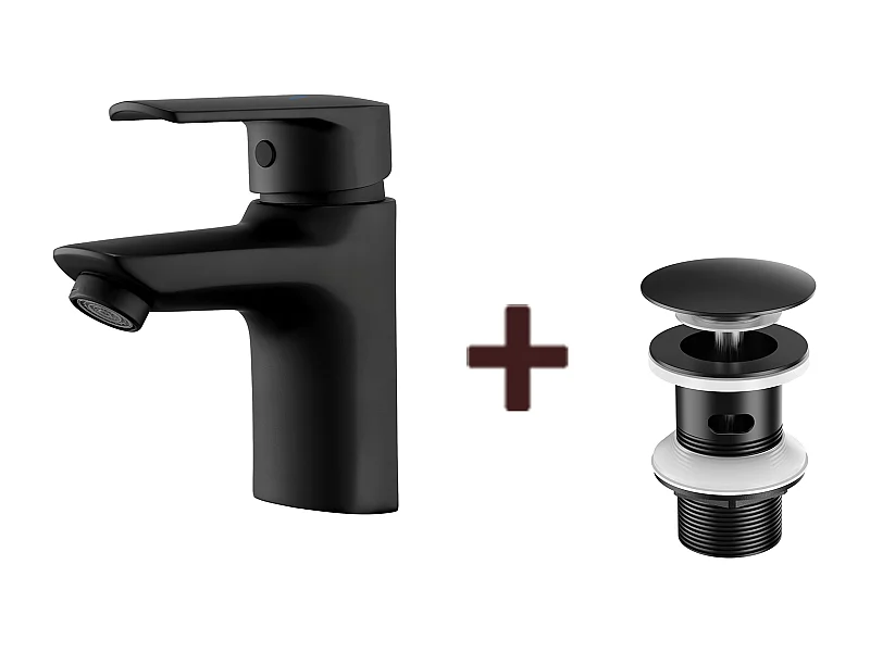 Mitigeur Lavabo Monotrou avec Trou de Tirette de Vidage,Noir+Bonde de Lavabo Bonde Pop-up avec Trop-plein Automatique Universelle
