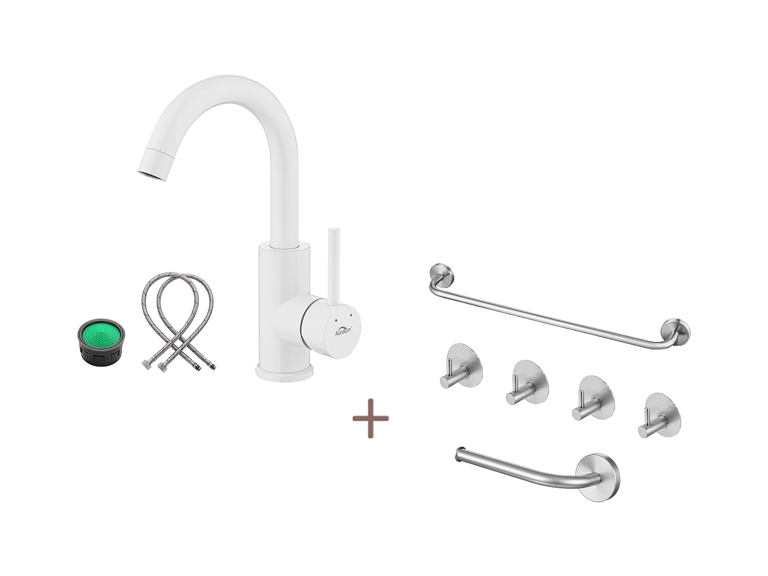 Miscelatore Lavabo Sensore Infrarossi Intelligente Automatico, Acqua CaldaE/Freddo,Cromato+Set Bagno Accessorio 6 Pezzi,Autoadesivo/forare,Inox