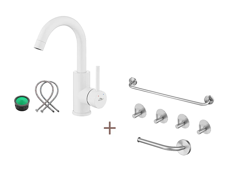 Mitigeur Lavabo Capteur Infrarouge Intelligent Automatique,Eau Chaude/Froide,Chromé+Ensemble Salle Bain Accessoire 6 Pièces,Auto-adhésif/percer,Inox