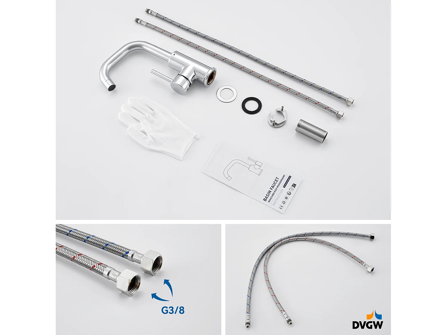 2 stks Auralum max Wastafelmengkraan, 360° Draaibare Hoge Wastafelkraan, Waterbesparende Badkamer Wastafelkraan met Afkeerbare Beluchter, Verchroomd