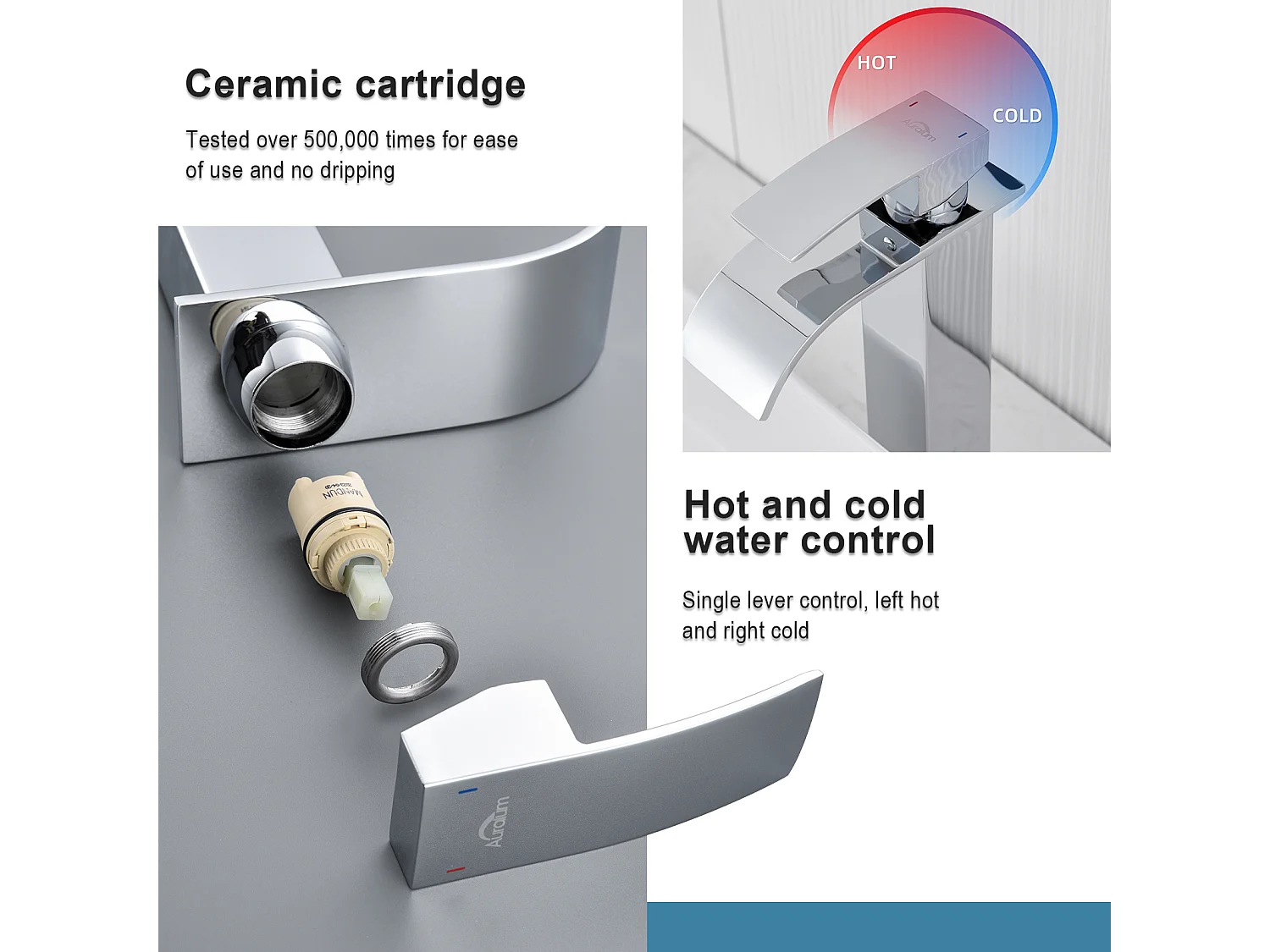 Auralum Max Moderne Robinet de Lavabo Cascade Haut,Design Elégant,Mitigeur Monocommande Lavabo en Inox 304,Eau Chaude/Froide Disponible,Chromé