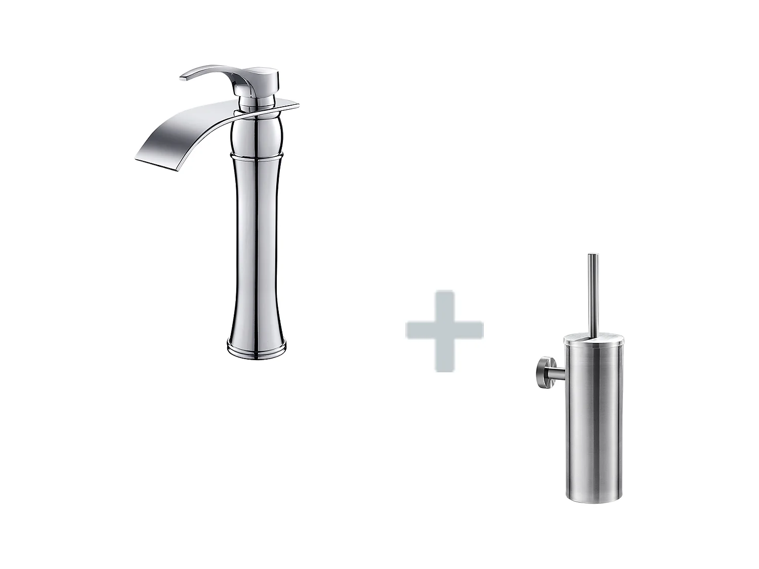 Wastafelmengkraan Waterval Wastafelkraan/Wastafel Hoge Uitspoping Moocommand,Chrome + Toiletborstelhouder Roestvrij Staal Toiletborstel Wandmontage