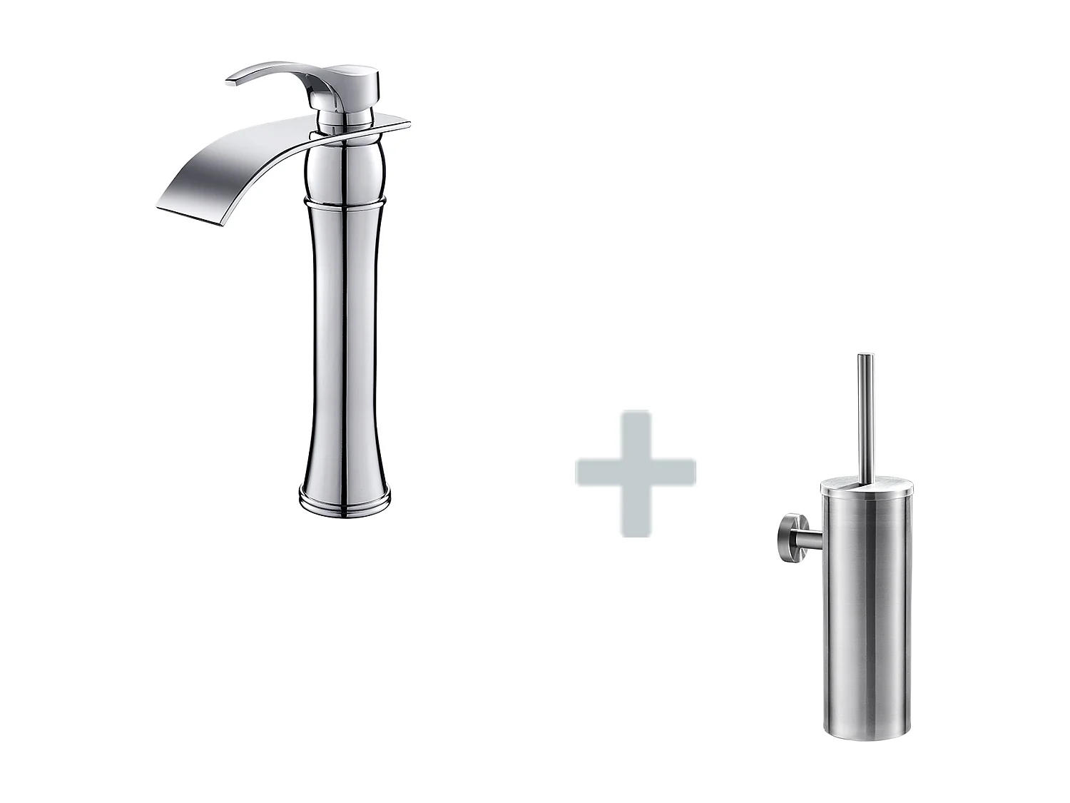 Wastafelmengkraan Waterval Wastafelkraan/Wastafel Hoge Uitspoping Moocommand,Chrome + Toiletborstelhouder Roestvrij Staal Toiletborstel Wandmontage