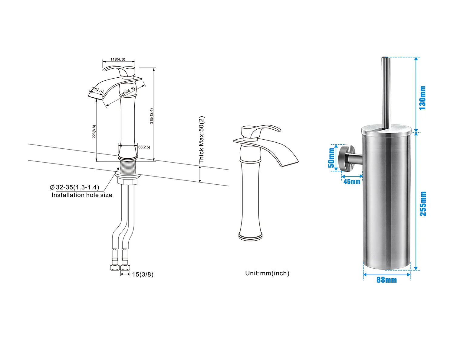 Mitigeur Lavabo Cascade Robinet Lavabo/Vasque Haute Bec Moocommand,Chromé+Porte Brosse Toilette Acier Inoxydable Brosse WC Mural