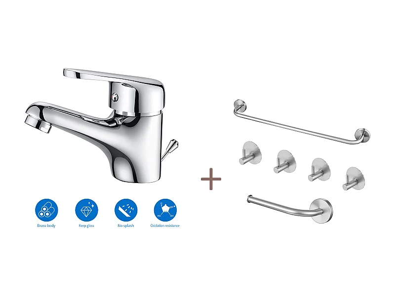 Mezclador lavabo de un orificio con desagüe automático,desagüe incluido,cromado+Conjunto De Baño Accesorio 6 Piezas,Acero Inoxidable,Cepillado