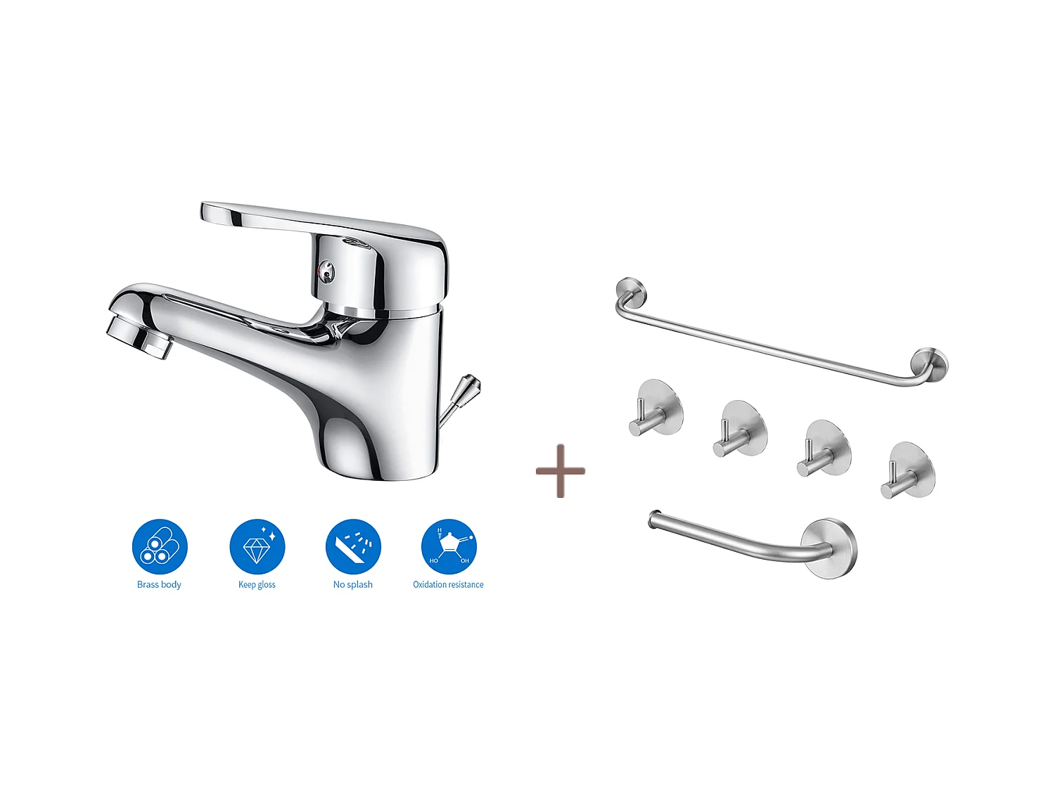 Auralummax Mitigeur Lavabo Monotrou avec Tirette Vidage,Bonde Incluse,Chromé+Ensemble Salle Bain Accessoire 6 Pièces,Auto-adhésif/percer,Inox,Brossé