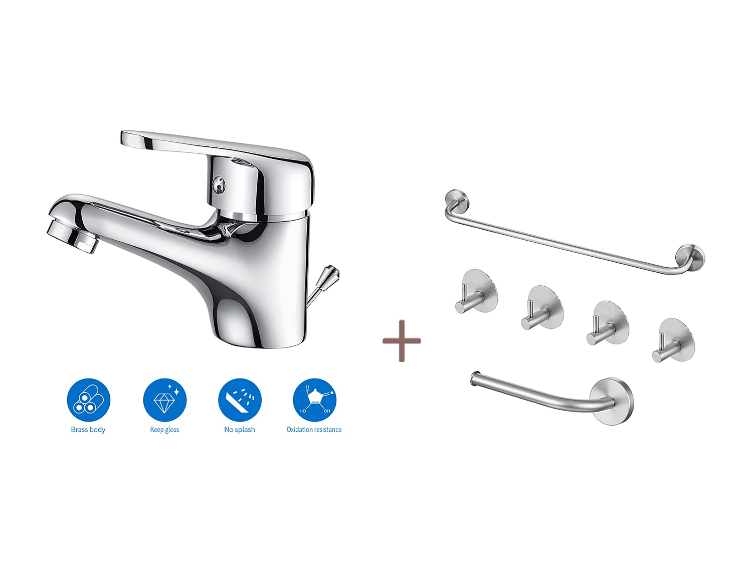 Auralummax Wastafelmengkraan Met Afvoergreep, Inclusief Afvoer, Verchroomd + Badkamerset Accessoire 6 Stuks, Zelfklevend/boren, Roestvrij Staal, Geborsteld