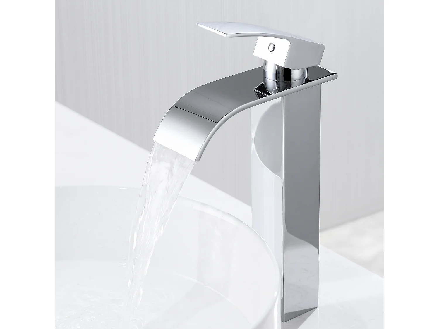 Rubinetto Lavabo A Cascata Cromato Monoforo – Ottone Massiccio Con Scarico Pop-Up, Altezza Beccuccio 19,9 Cm, Miscelatore A Leva Singola