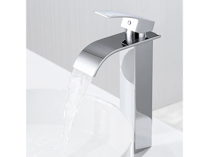 Auralum Max Robinet Cascade pour Vasque à Poser,Mitigeur Haut pour Lavabo,Robinet Cascade pour Salle Bains en Inox,Robinettrie Monotrou Sur Chromé