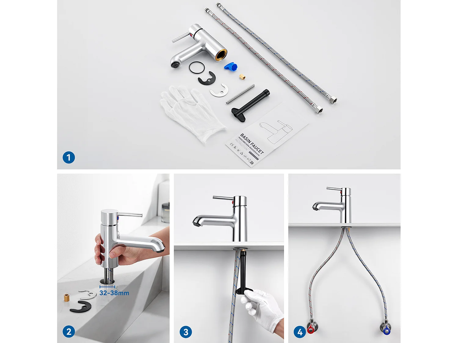 2pcsRobinet de lavabo Chromé avec Flexible Raccordement, Mitigeur Lavabo Mélangeur Salle Bain Eau Froide/Chaude avec Bec Hauteur 134mm Pour WC