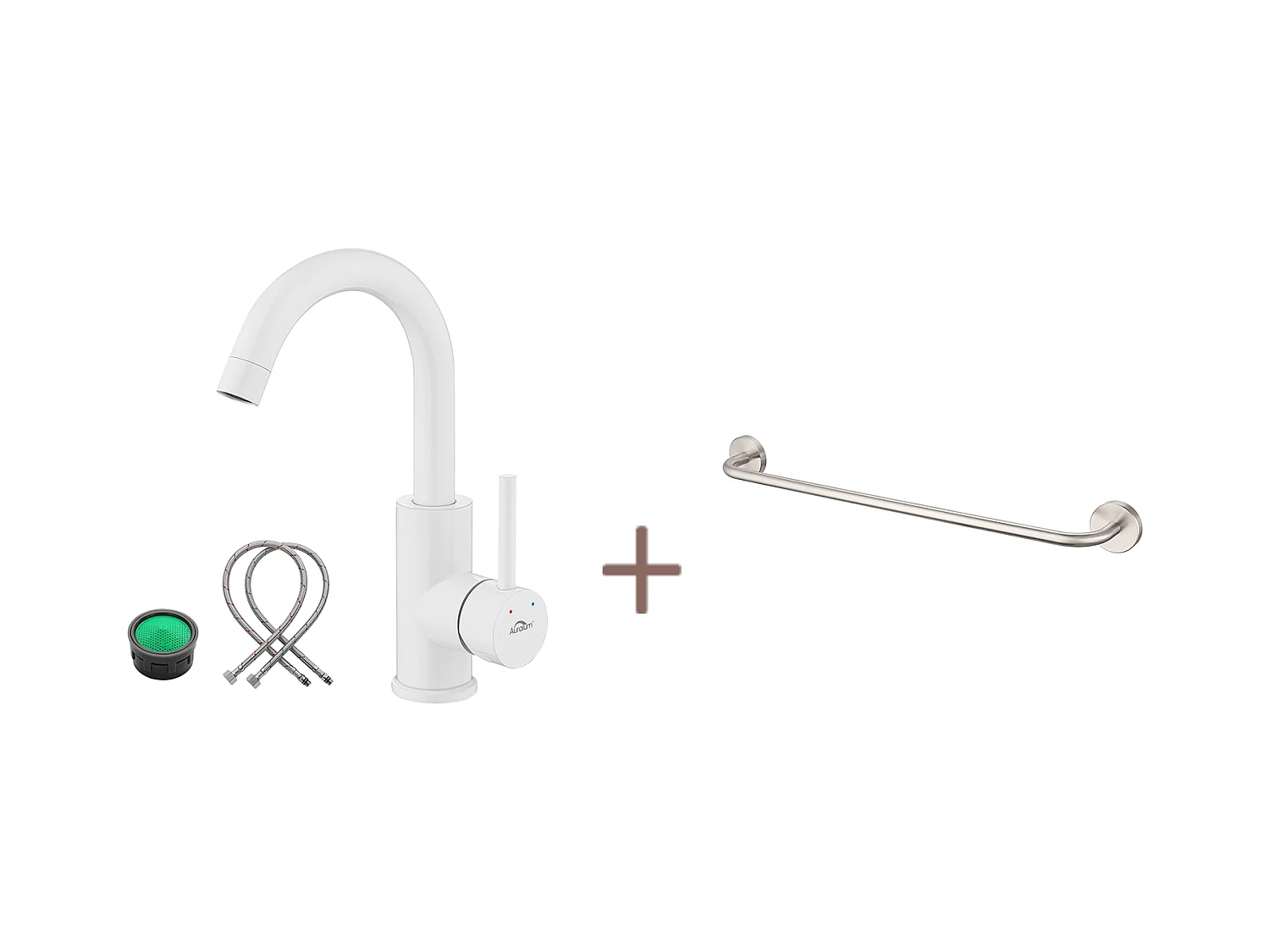 Auralum max Rubinetto Lavabo Bianco Rotazione 360°,Barbottore smontabile,Acqua fredda/calda+60cm Portasciugamani Bagno Autoadesivo o Foratura,Inox