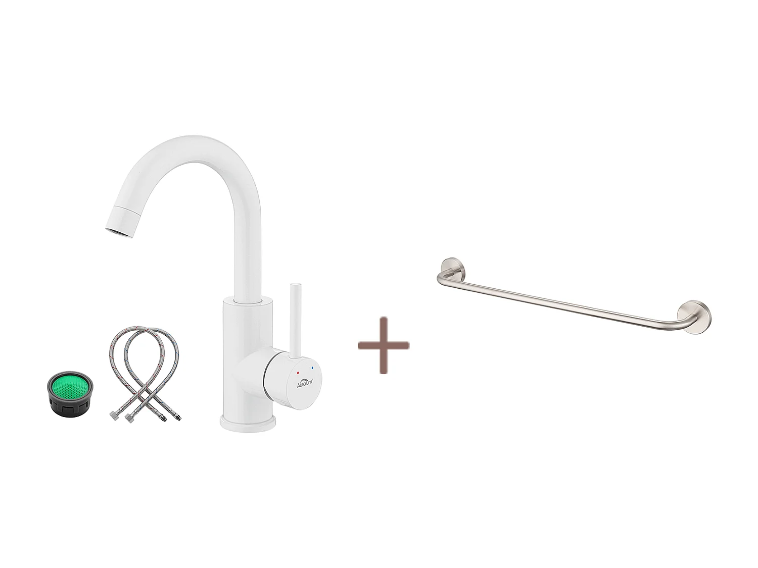 Auralum max Grifo Lavabo Blanco Rotación 360°,Barbote desmontable,Agua fría/caliente+60cm Toallero Baño Autoadhesivo o Perforación,Inox