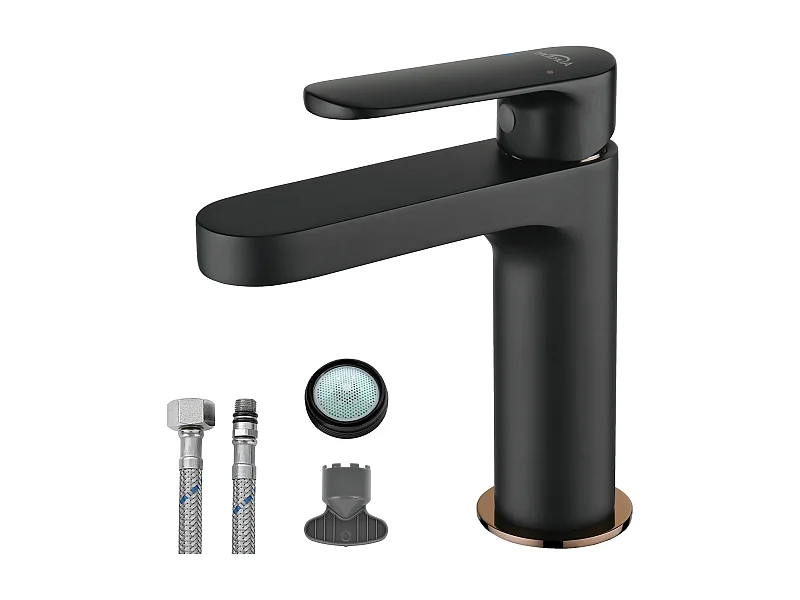 AuraLum Max Robinet Salle de Bain Moderne,Mitigeur pour Lavabo Noir,Robinet de Lavabo avec Mousseur Démontable,en Laiton eau Froide/Chaude,EU Modèle