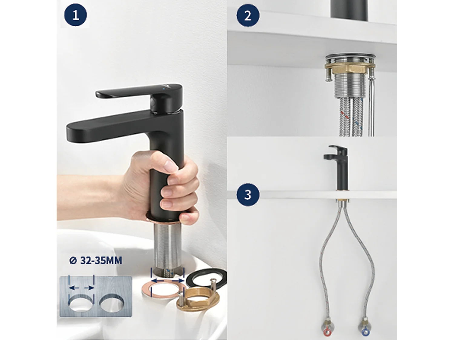 AuraLumMax Grifo Baño Moderno,Mezclador para Lavabo Negro, Grifo  Lavabo con Espumador Desmontable,Mezclador de Latón Agua Fría/Caliente,Modelo UE